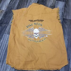 Vtg 2000 Tan Brown Bike Week Men’s Motorcycle Daytona Size L Skull Pearl Snap
